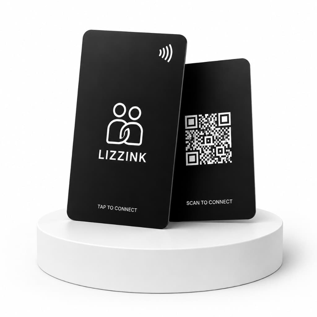 Lizzink NFC cards on a pedestal — tap to connect or scan to connect